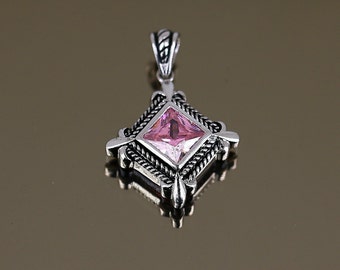 Vintage Braided Square Shape Shiny Bright Pink Crystal CZ Design Pendant 925 Sterling Silver PD 2949