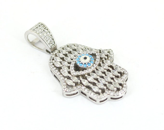 Vintage Handmade Italian Iced Out CZ Evil Eye Hamsa Hand Design Pendant 925 Sterling  PD 167