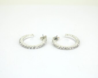Vintage Clear Inlay CZ Hoop Stud Back Earrings Sterling Silver ER 231