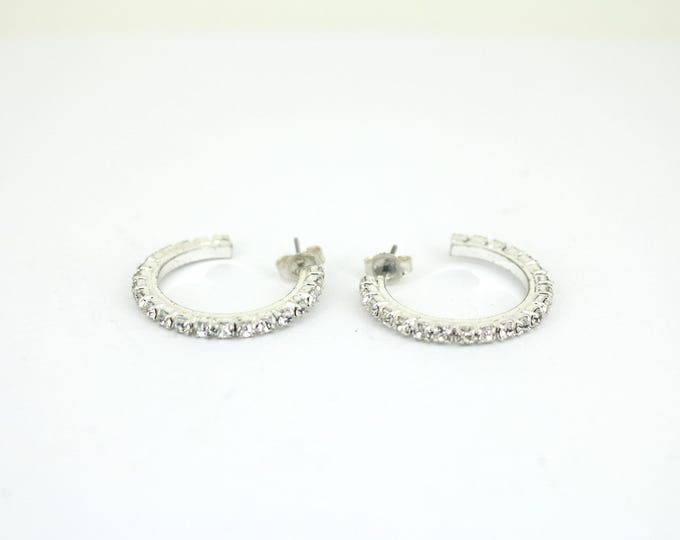 Vintage Clear Inlay CZ Hoop Stud Back Earrings Sterling Silver ER 231