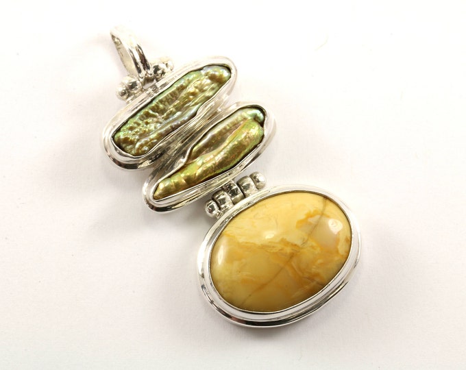 Vintage Large Abalone Yellow Jade Stone Pendant 925 Sterling  PD 921-E