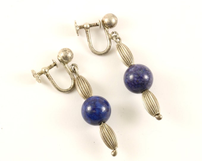 Vintage Beads Beaded Lapis Lazuli Design Earrings 925 Sterling ER 523