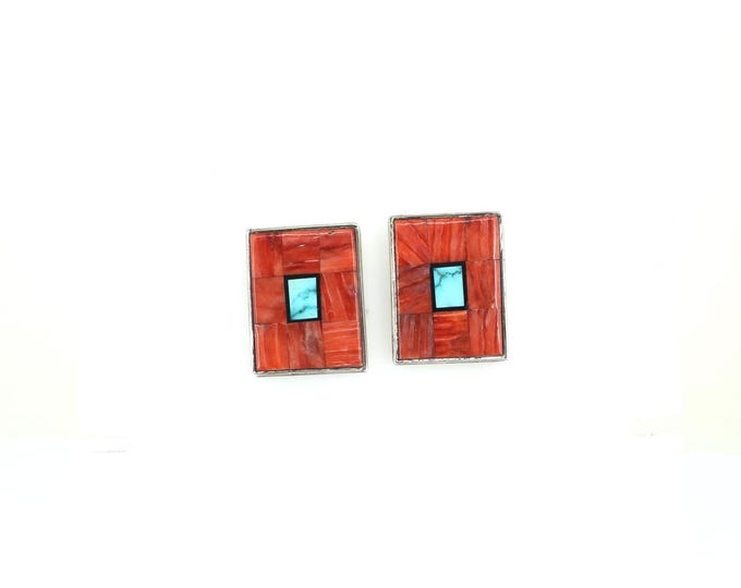 Vintage Red Coral Stone Rectangular Shape Design Stud Earrings Sterling Silver 925 ER 1111