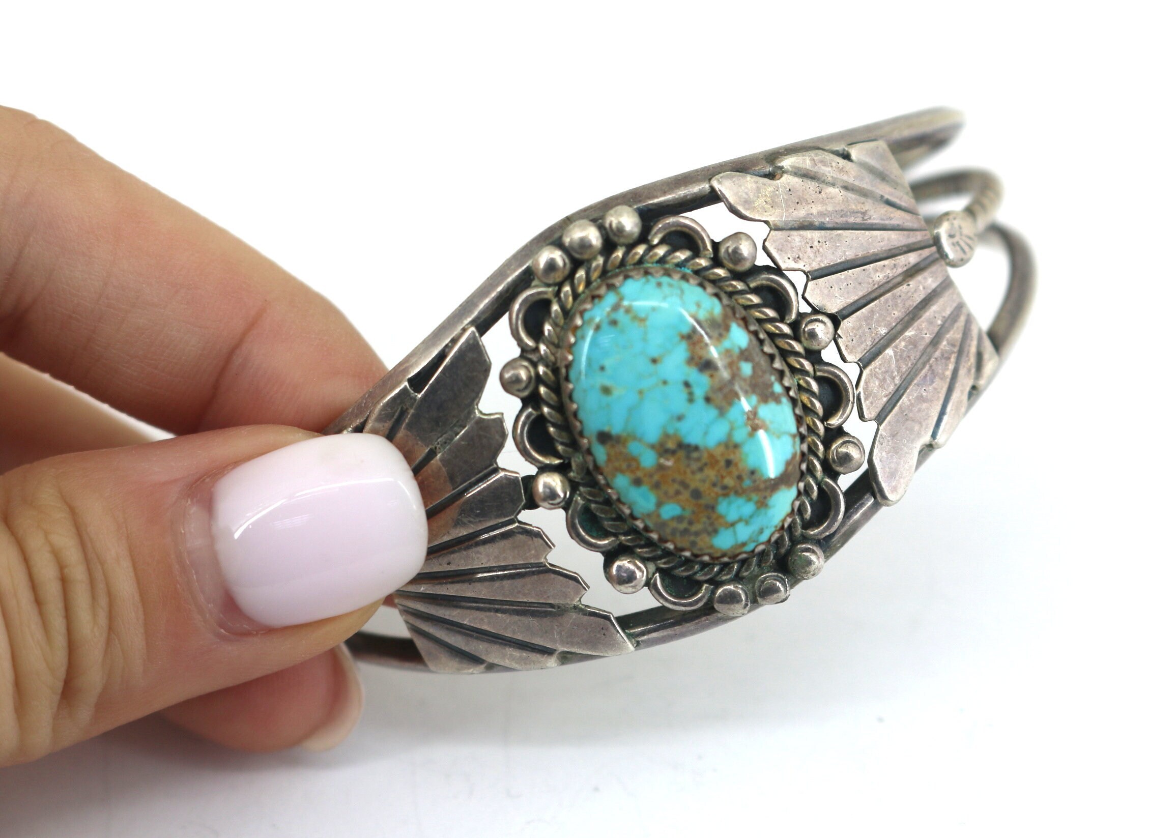 Vintage Navajo Turquoise Stone Signed MP Design Cuff Bracelet 925