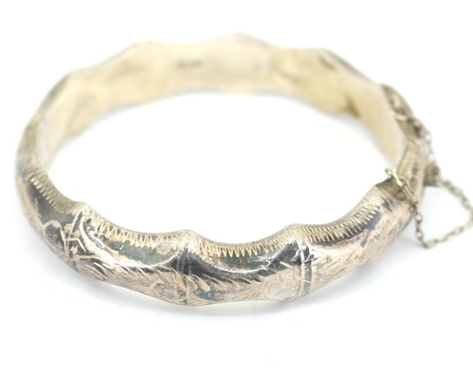 Vintage Engraved Etched Floral Ribbed Bangle Bracelet Sterling Silver BR 3146