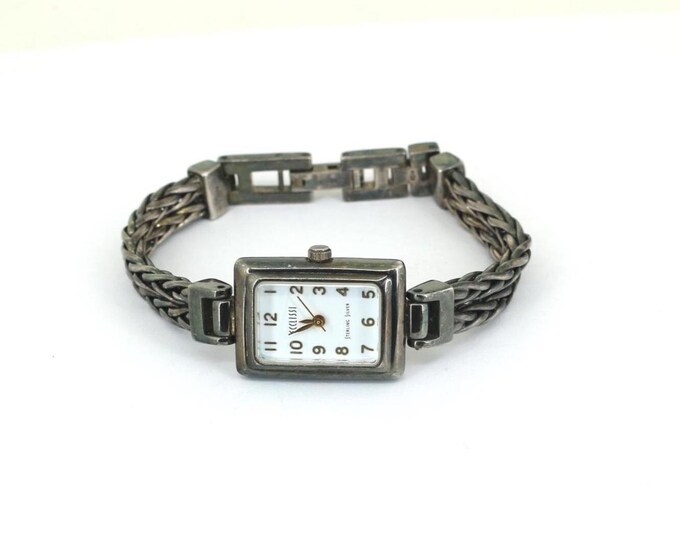 Vintage Ecclissi Rectangle Japan Quartz Case Double Chain  Watch Sterling Silver  OT 193