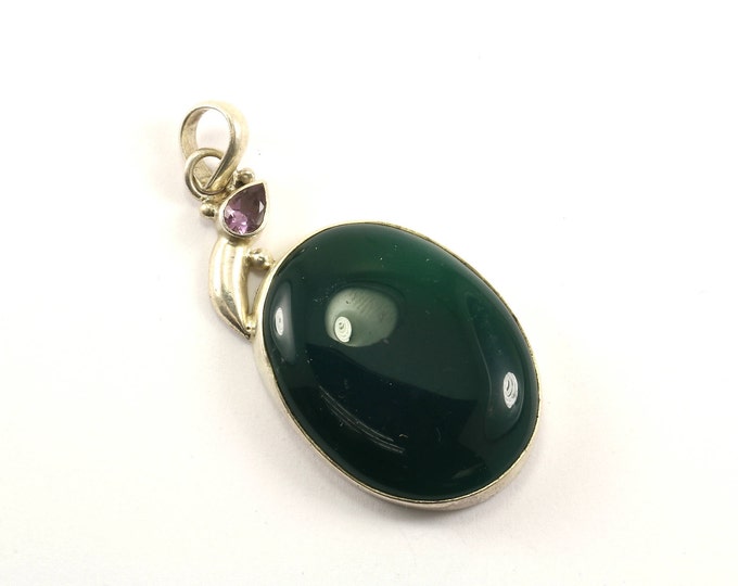 Vintage Large Oval Green Onyx Pendant 925 Sterling Silver PD 1537