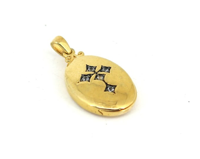 Vintage Oval Cross Design Gold Plated Inlaid CZ Signed "With you'' Locket Pendant On Chain 925 Sterling Silver PD 2525