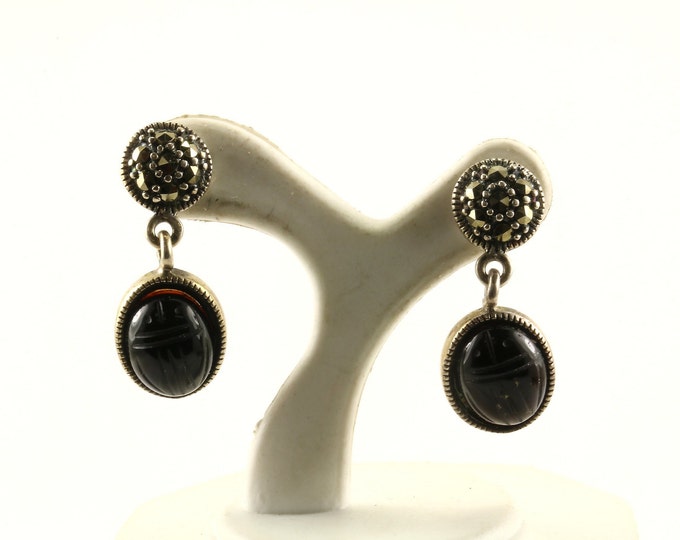 Vintage Oval Black Onyx Marcasite Design Earrings 925 Sterling Silver ER 1040