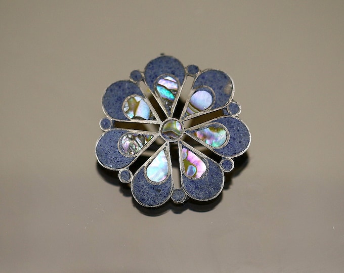 Vintage Flower Floral Shape Abalone Shell Design Brooch Sterling Silver 925 BB 2189