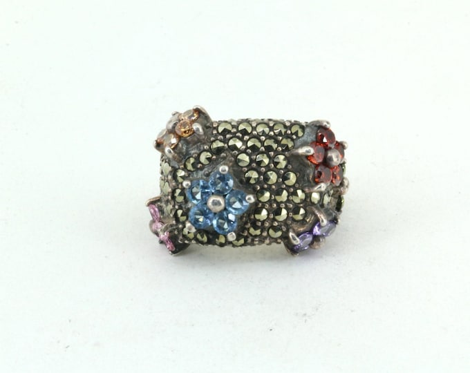 Vintage Size 6 Multi Color CZ Flowers Marcasite 925 Sterling Silver RG 4475