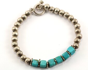 Vintage Bead Beaded Turquoise Toggle Bracelet 925 Sterling BR 1528-E
