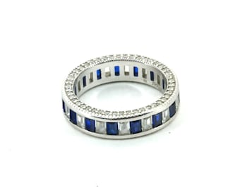 Size 6 Round White & Blue CZ Crystals Design Open Cut  Ring 925 Sterling Silver RG 4022