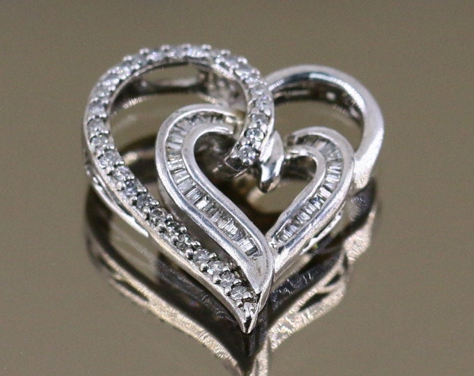 Vintage Real Diamonds Very Sparkling Double Hearts True Love Design Pendant 925 Sterling Silver PD 1915E