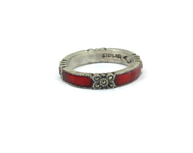 Vintage Size 8 Judith Jack Red Enamel & Marcasite Band Ring 925 Sterling Silver RG 4594