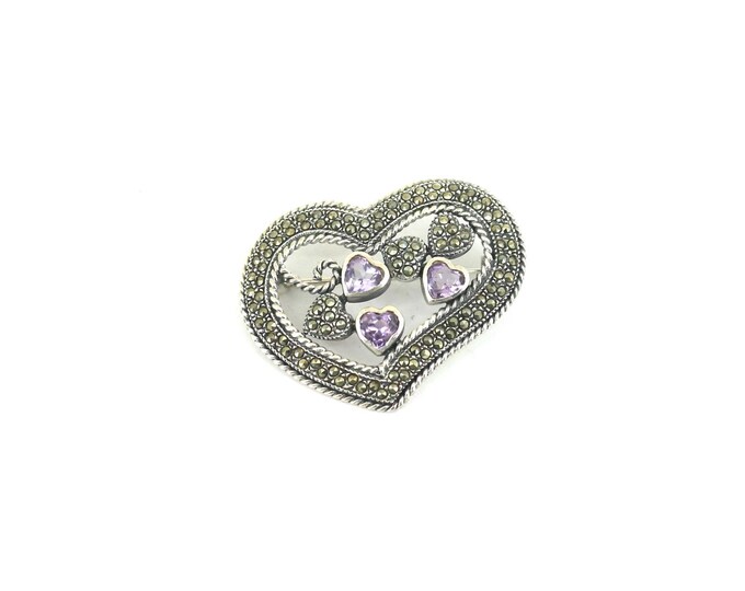 Vintage Scroll Heart Shape Shiny Marcasite Stones Purple Crystal CZ Brooch Sterling Silver 925 BB 1520