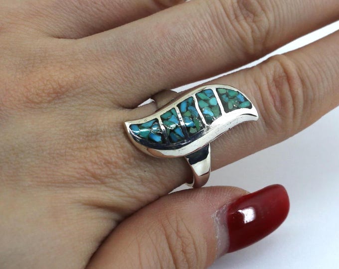 Vintage Native American Inlaid Turquoise Wave Southwest Ring 925 Silver RG 4654