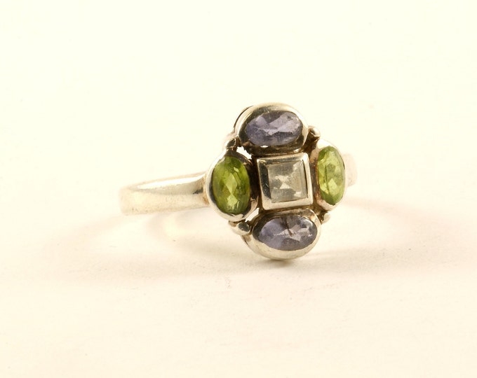 Vintage Size 6  Multi Color Crystals Flower Floral Design Ring 925 Sterling Silver RG 4249