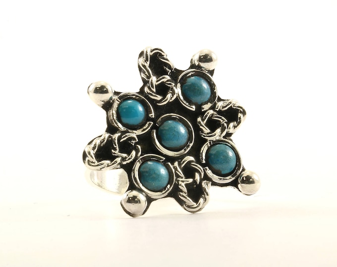 Vintage Size 9 Mexico Floral Turquoise Design Cocktail Ring 925 Sterling RG 3689