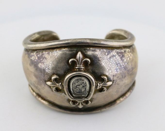 Vintage Gorgeous Leslie Block Signed Vermeil Cameo Fleur de Lis Roman Style Goddess Heavy Massive Design Cuff Bracelet 925 Silver BR 2373