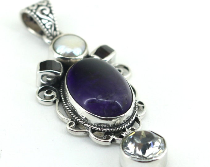 Vintage Amethyst & Pearl CZ Design Pendant 925 Sterling Silver PD 2443