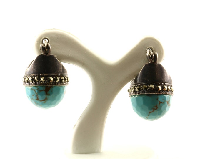 Vintage Small Bead Design Marcasite Hoop Earrings 925 Sterling Silver ER 49