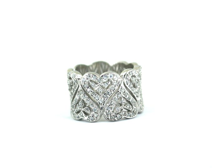 Vintage Beautiful Wide Heart Crystal Design Band Ring 925 Sterling Silver RG 3554