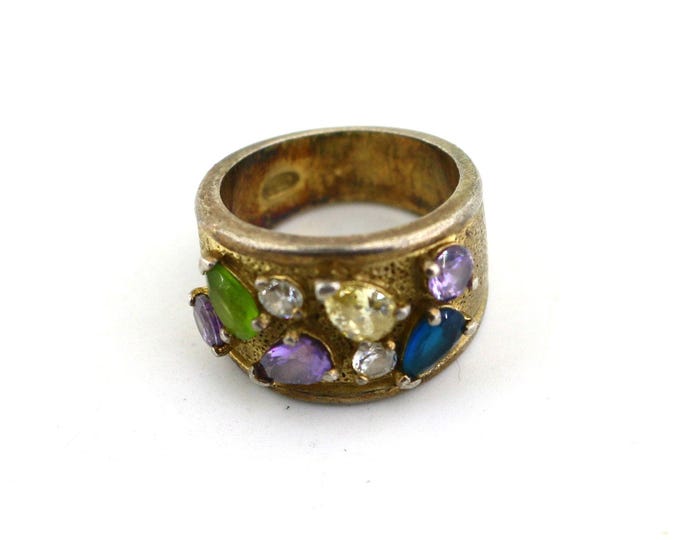 Vintage Size 5.75 Multi Color Shiny Crystals CZ Dome Shape Sand Design Ring 925 Sterling Silver Rg 402L