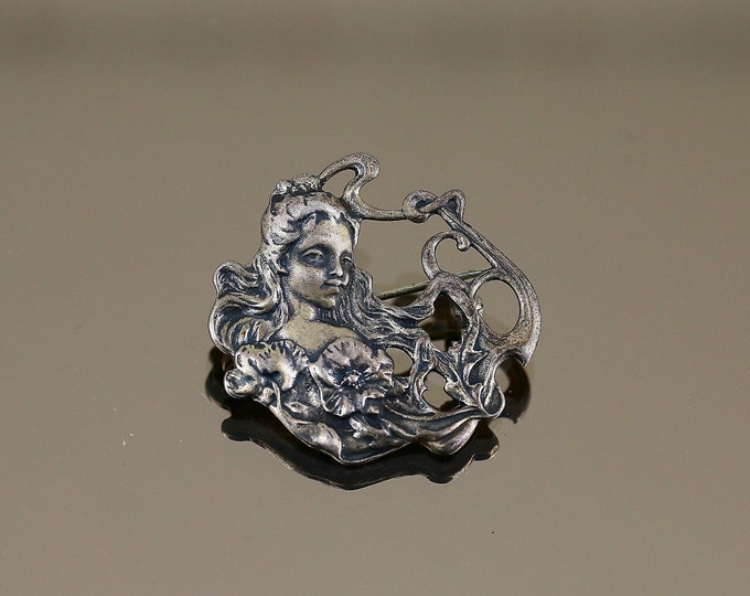 Vintage Antique Girl Lady Woman Flowers Scroll Nature Beauty Belle Design Brooch Sterling Silver 925 BB 826