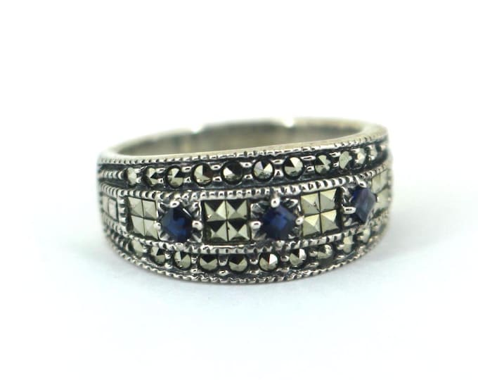 Vintage Thailand Size 7.25  Marcasite Stones & Deep Blue CZ Crystals Statement Design Ring 925 Sterling Silver  RG411