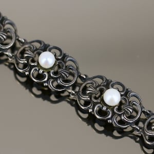 Vintage Antique Scroll Faux Pearl Link Design Bracelet 925 Sterling BR 2383