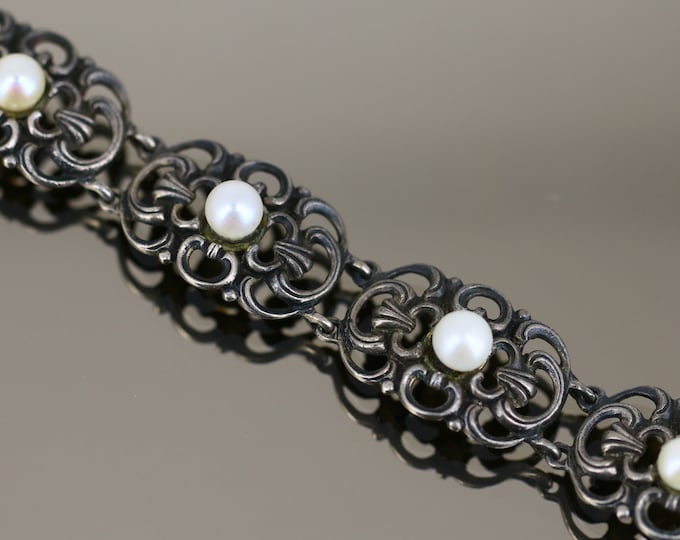 Vintage Antique Scroll Faux Pearl Link Design Bracelet 925 Sterling BR 074