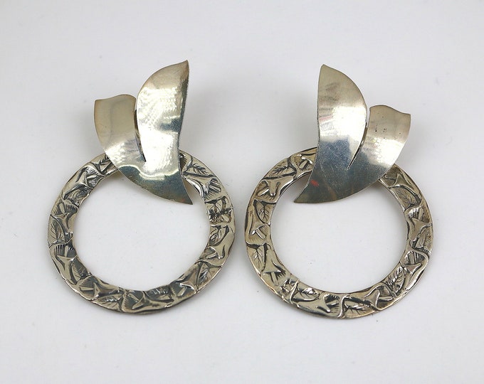 Vintage Large Round Circles Flower Floral Design Stud Earrings Sterling 925 ER 1467