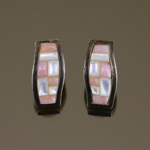 Vintage Two Tone Pink White MOP Mother Of Pearl Stripes Squares Design Stud Earrings Sterling Silver 925 ER 1818