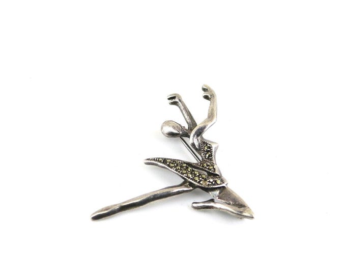 Vintage Balerina Classic Balet Dancer Shiny Marcasite Stones Brooch Sterling Silver 925 BB 2097