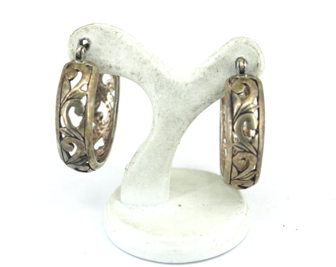 Vintage Openwork Filigree Design Latch Back Hoop Earrings for Women 925 Sterling Silver ER 1553