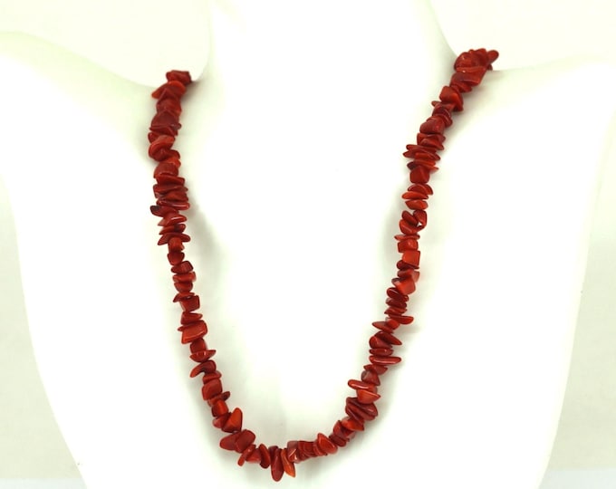 Vintage Red Coral Chip, Sea Coral Beaded Choker  Necklace 925 Sterling NC 021