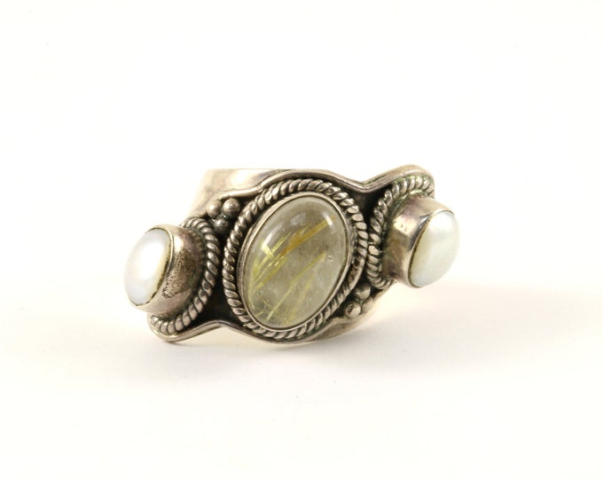 Vintage Size 7.25 Rutilated Quartz Pearl Design Ring 925 Sterling Silver RG 4275
