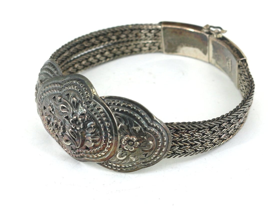 Vintage Thailand Floral Artisan Crafted Statement Bracelet 925