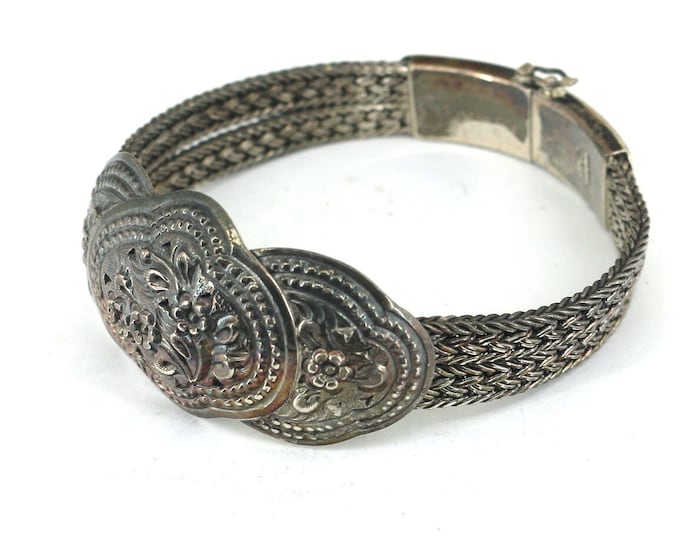 Vintage Thailand Floral Artisan Crafted Statement Bracelet 925 Sterling Silver BR 088