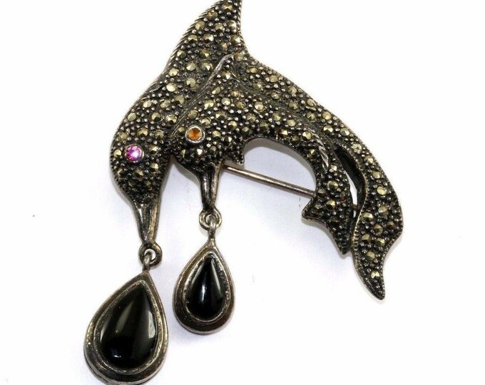 Vintage Jumping Dolphins Marcasite Onyx Teardrop Pin/brooch 925 Sterling Bb 284(401734525927)