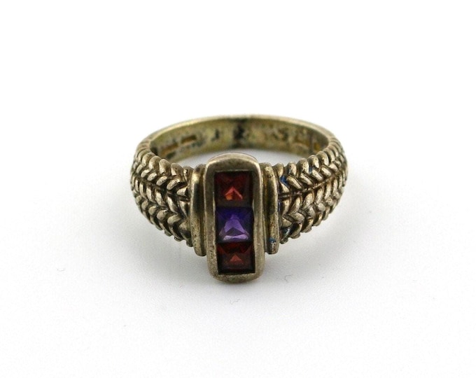 Vintage CZ Sterling Silver Ring: Red Purple Crystals, Wheat Design, Size 9.25 RG 4406