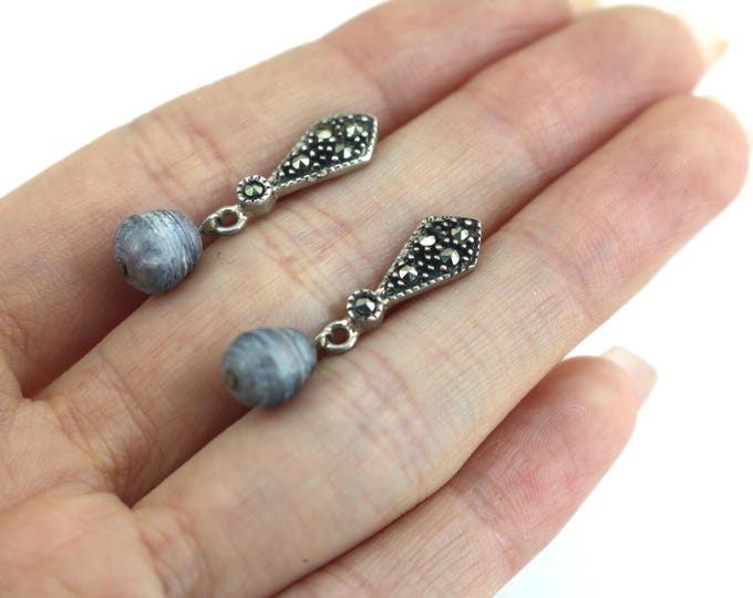 Vintage Thailand Elegant Inlay Marcasite& Blue Pearl Drop Stud Back Earrings Sterling Silver ER 839