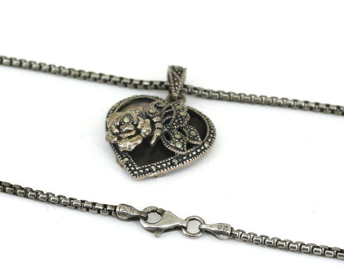 Vintage Italy Quote Love Heart Mother Of Pearl Pendant Box Chain Necklace 925 Sterling NC 879