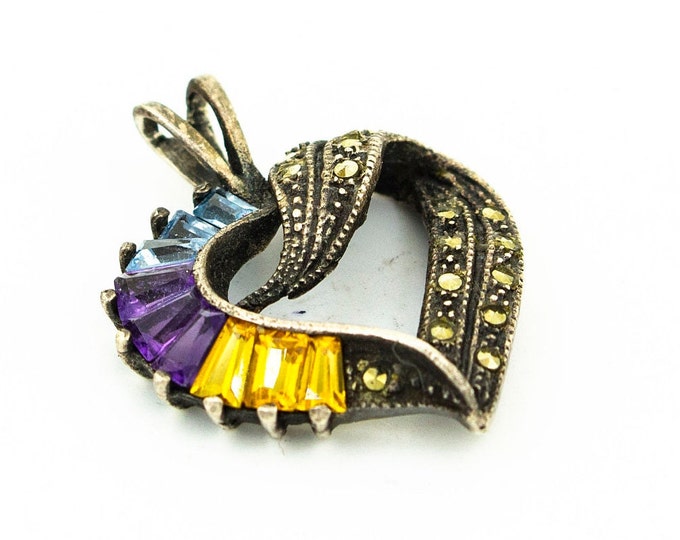 Heart Shape Cutout with Tiny Marcasite Stones & Yellow Purple Blue CZ Crystals Design Beautiful Vintage Pendant 925 Sterling Silver PD 2644Q