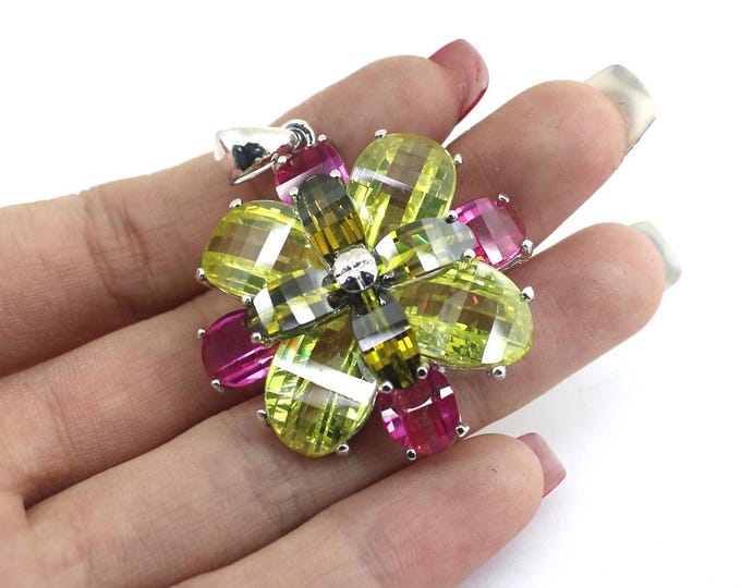 Vintage Chunky Flower Inlaid Green & Pink CZ Crystals  Design Silver Pendant PD 605