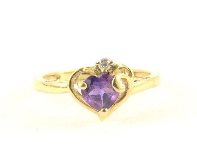 Vintage Golden Tone Purple Crystal Heart Design Ring 925 Sterling Silver RG 3837