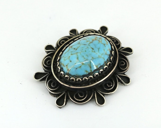 Vintage Israel Turquoise Blue Gemstone Design Pin/Brooch 925 Sterling Silver BB 668