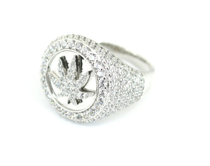 Vintage Iced Marijuana Weed Leaf Bling Inlaid CZ Crystals  Design Ring 925 Sterling Silver RG 97