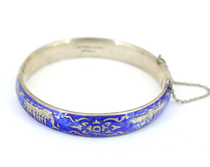 Vintage Thailand Siam Blue Enamel Bangle Bracelet 925 Sterling BR 2814